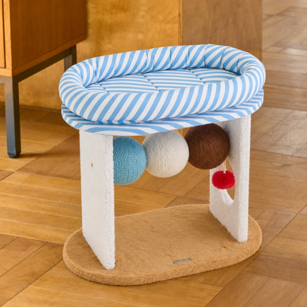 ZEZE Seasalt Latte with Boba Elevated Cat Bed with Removable Cushion, 3 Rotating Sisal Balls, Pom Toy & Scratch Panels, Multicolor, Medium