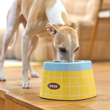 ZEZE Retro Grid Elevated Dog & Cat Bowl, Blue, 5-cup