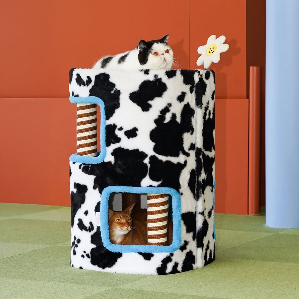 ZEZE Farm Cow-Print 2-Tier 26.77-in Plush Scratching Post Condo Cat Tree Condo with Sisal Posts & Removable Panels, Multicolor