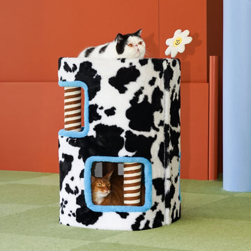 ZEZE Farm Cow-Print 2-Tier 26.77-in Plush Scratching Post Condo Cat Tree Condo with Sisal Posts & Removable Panels, Multicolor