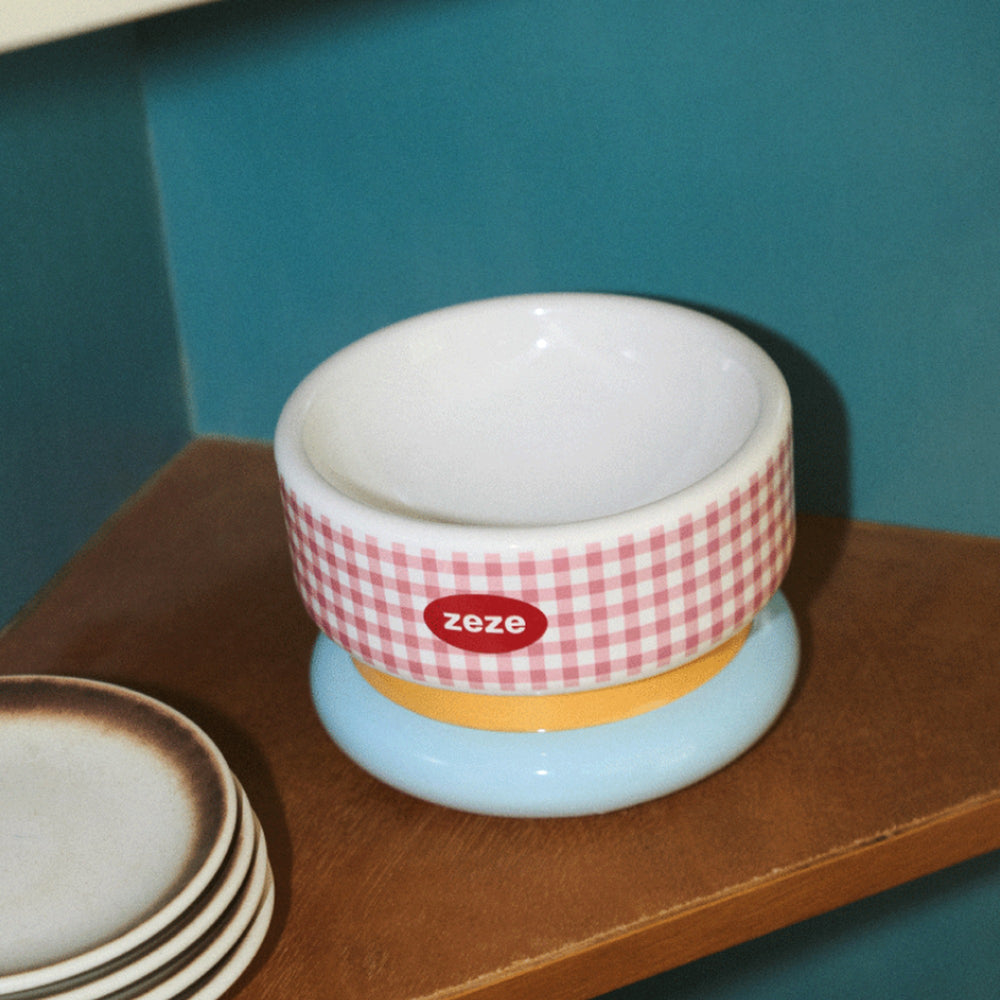 ZEZE Sweetheart Gingham Elevated Ceramic Dog & Cat Bowl, Pink, Large: 6-cup