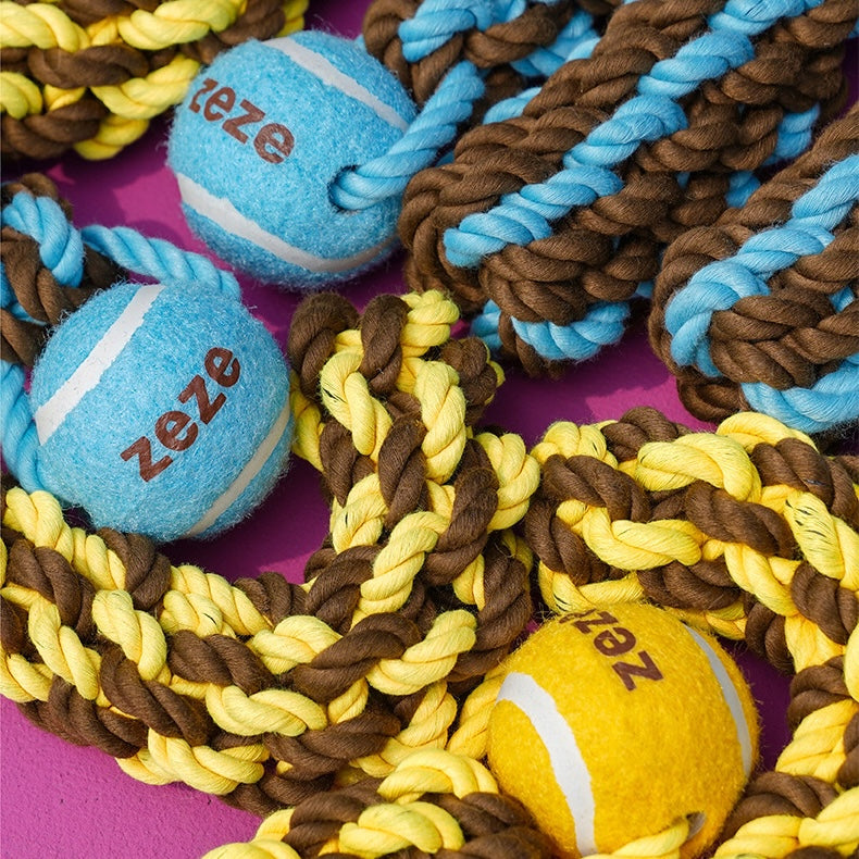 ZEZE Mark Rope & Tennis Ball Dog Toy - Exclamation Mark - Blue