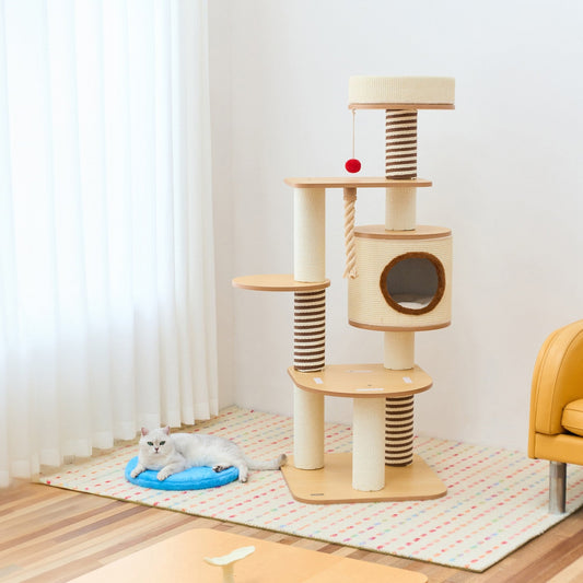 ZEZE 62-in wood cat tree in a bright living room with a cat resting on the rug