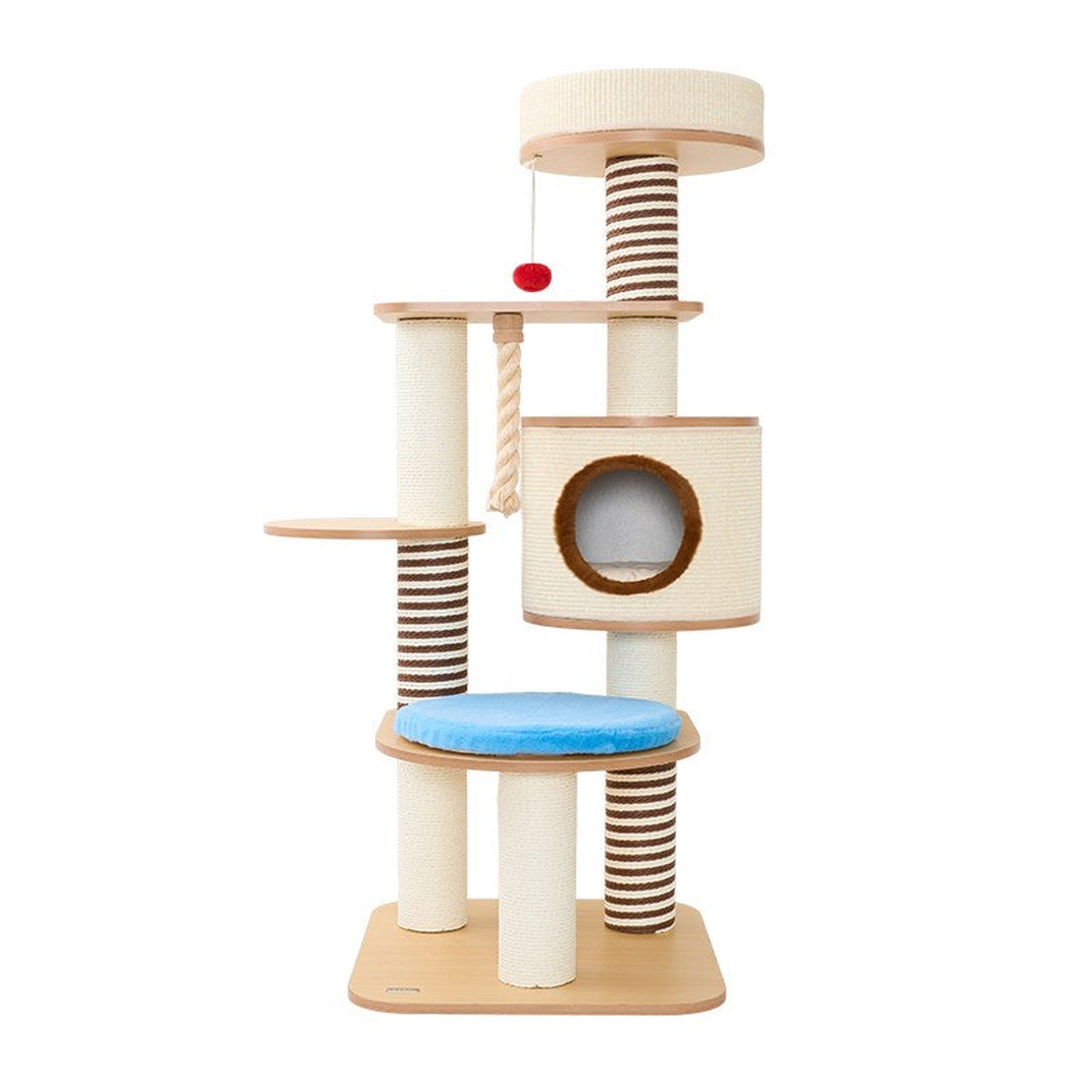 62-in wood cat tree with barrel condo on white background