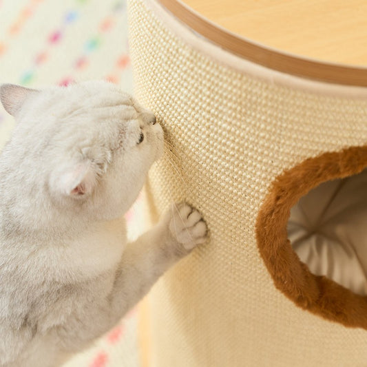 Cat scratching the woven barrel condo of the ZEZE wood cat tree