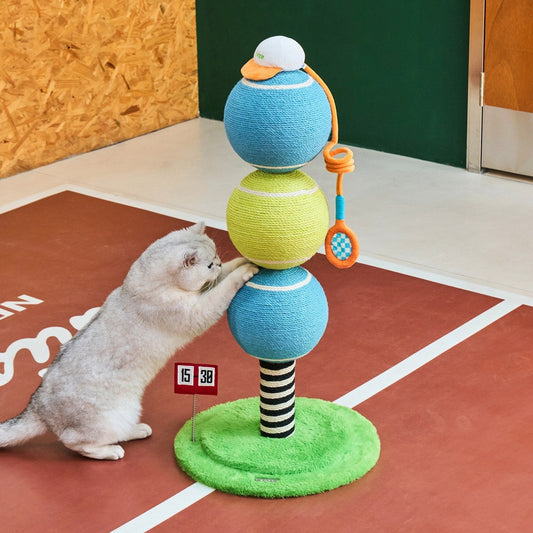 Cat scratching the ZEZE Ace tennis ball scratching post on a court-style floor