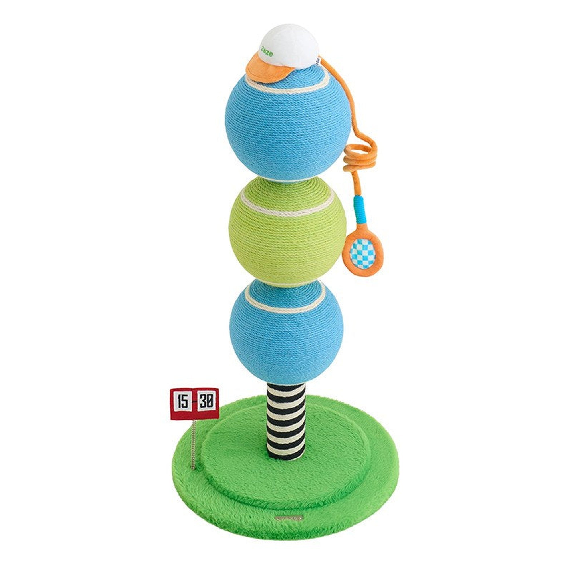 Ace tennis ball cat scratching post on white background