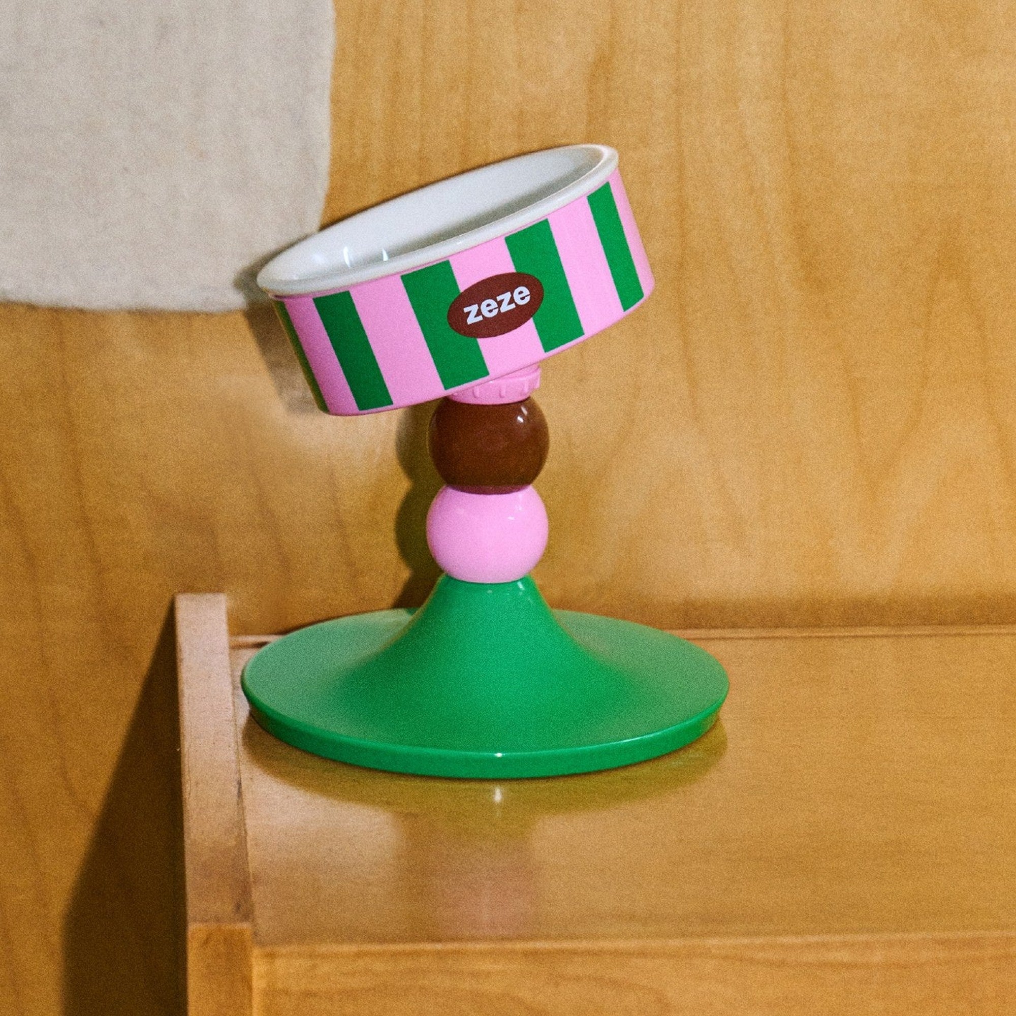 ZEZE Bobo Ball Elevated Bowl - Pink & Green Stripe
