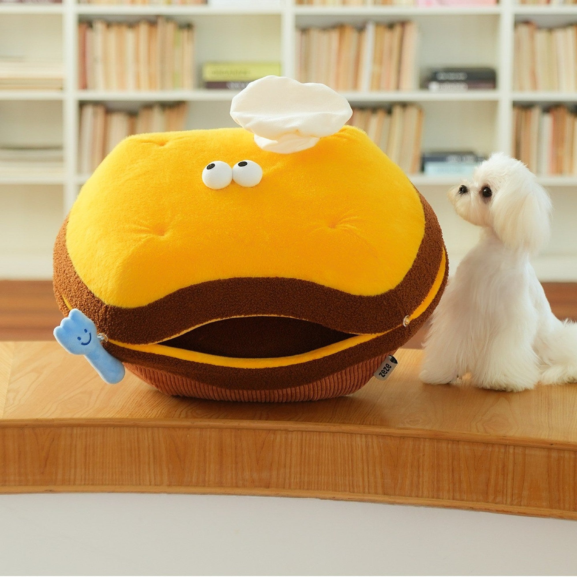 Chef Tart covered bed by a bookshelf with a Maltese
