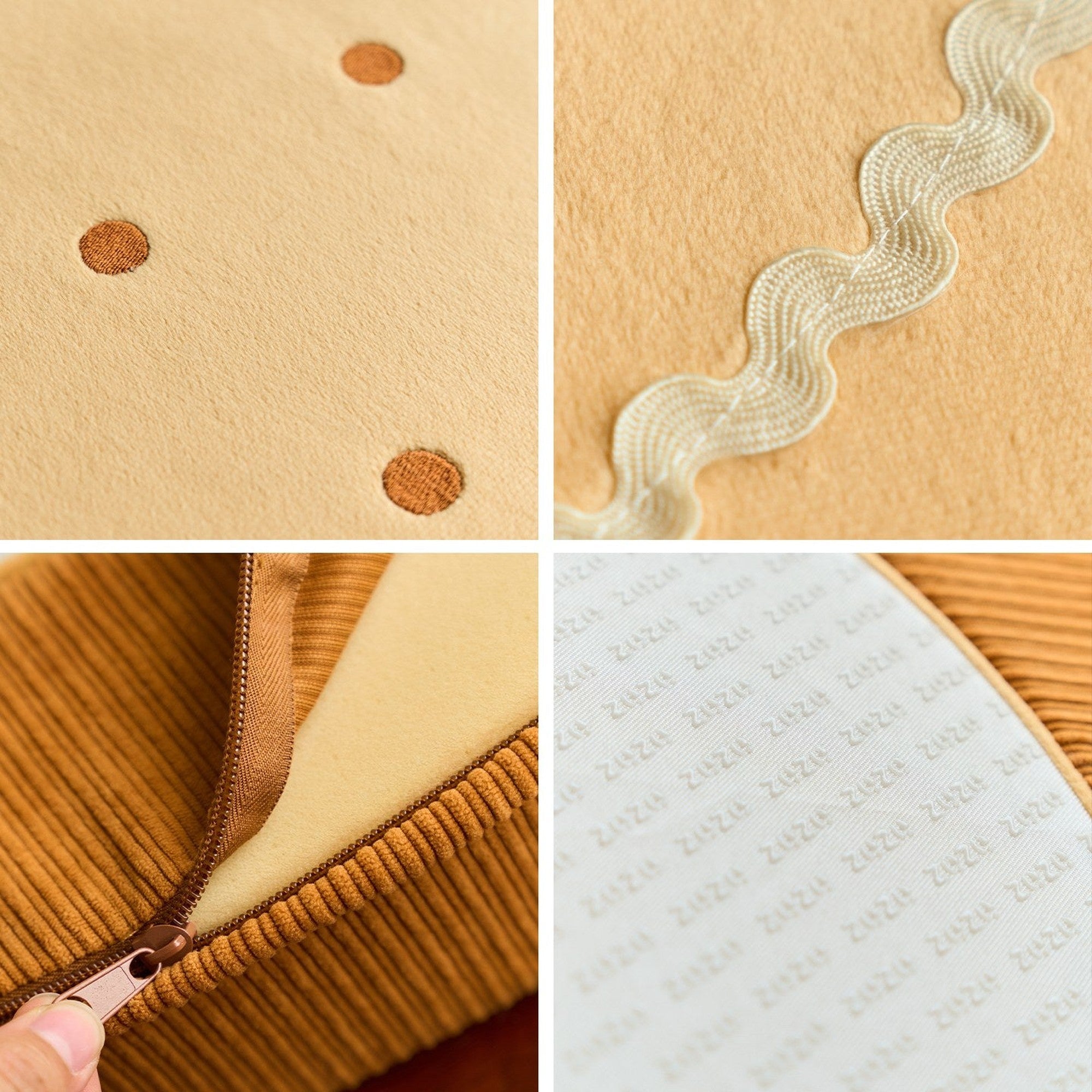 Details: embroidered dots, rickrack trim, zipper and lining