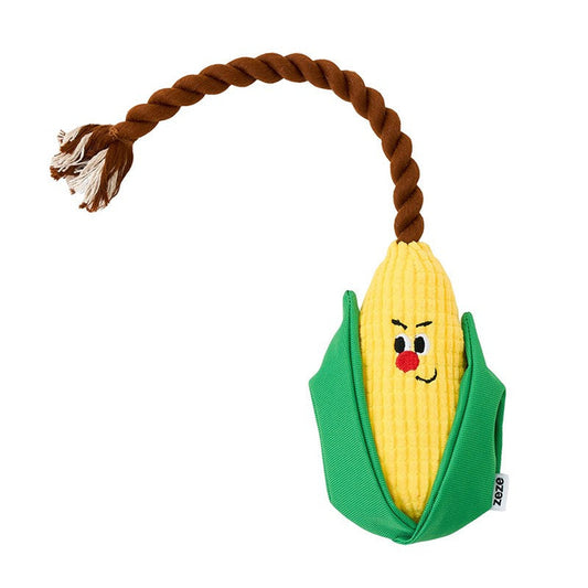 Corny the corn cob rope tug dog toy on white