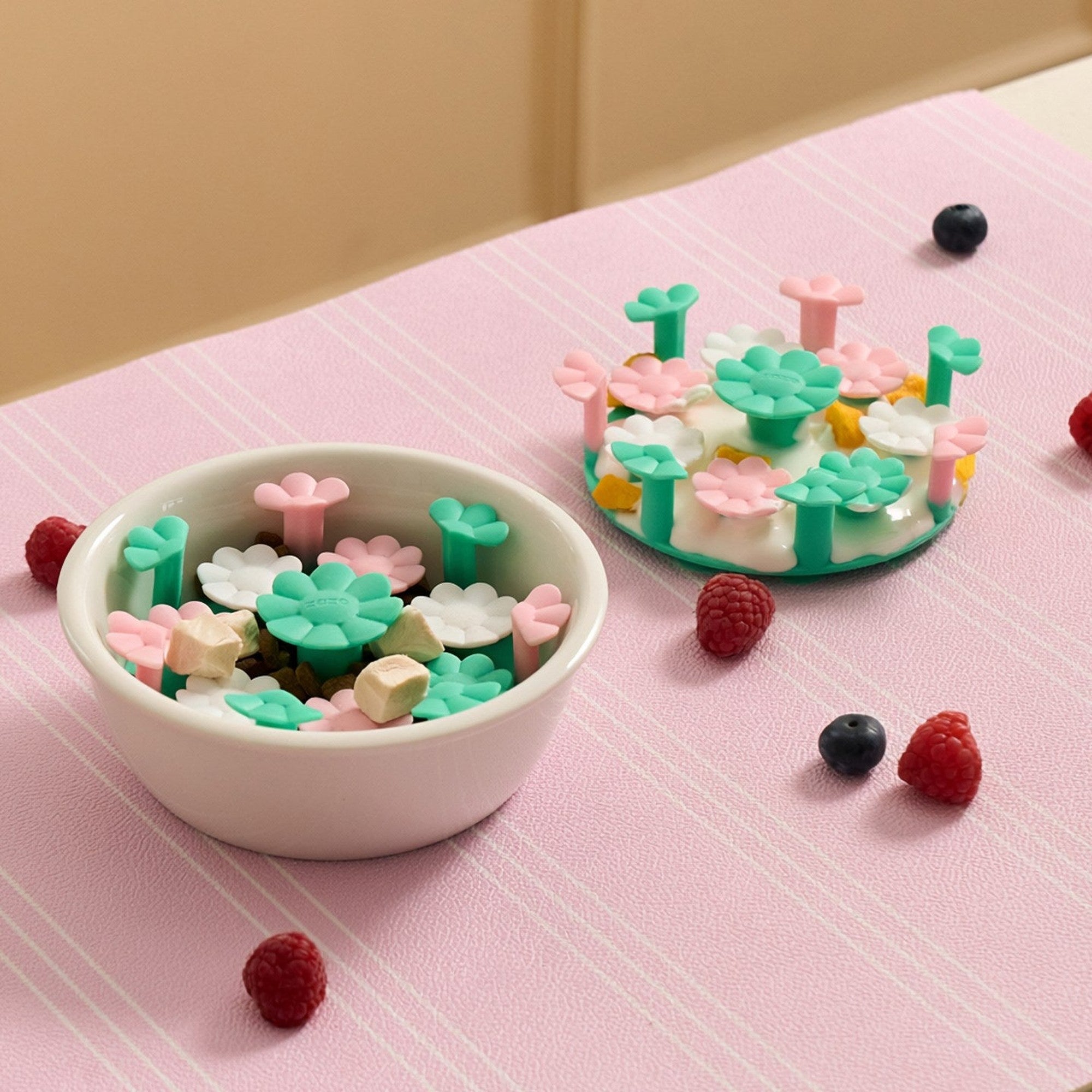 Slow feeder insert in a bowl and on its own with treats