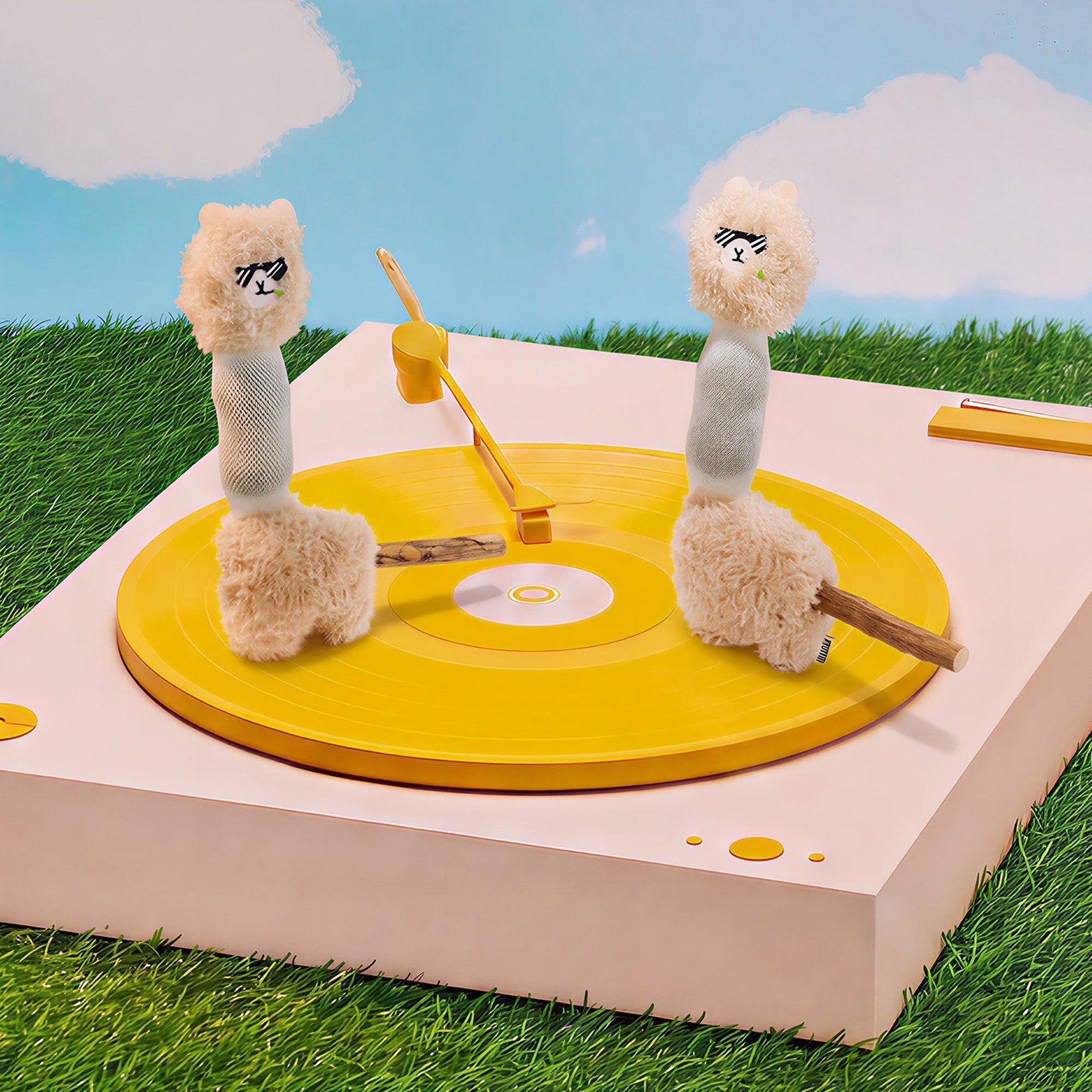 Two alpaca cat toys on a yellow record player