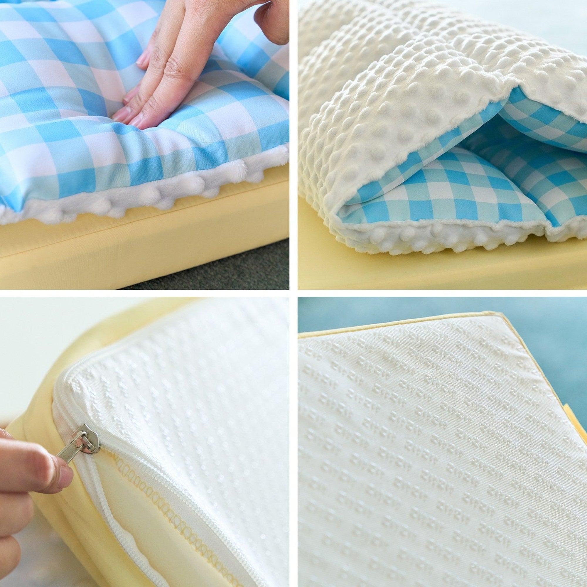 Detail views of the quilted top, plush underside and zipper