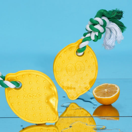 Two lemon chew toys beside a sliced lemon