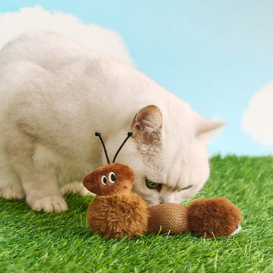 Cat sniffing the fuzzy ant kicker toy on grass