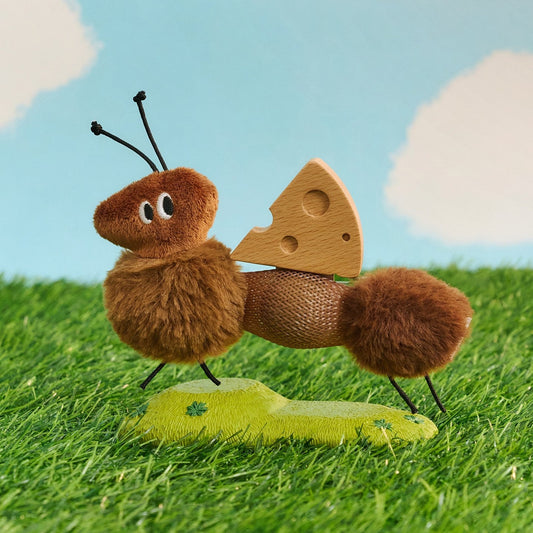 Little Ant cat toy carrying a wooden cheese wedge