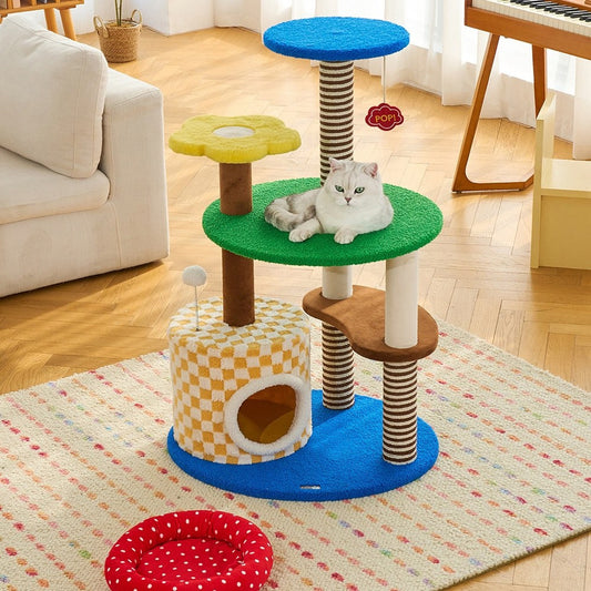 Cat relaxing on the ZEZE Magic Garden cat tree in a bright living room