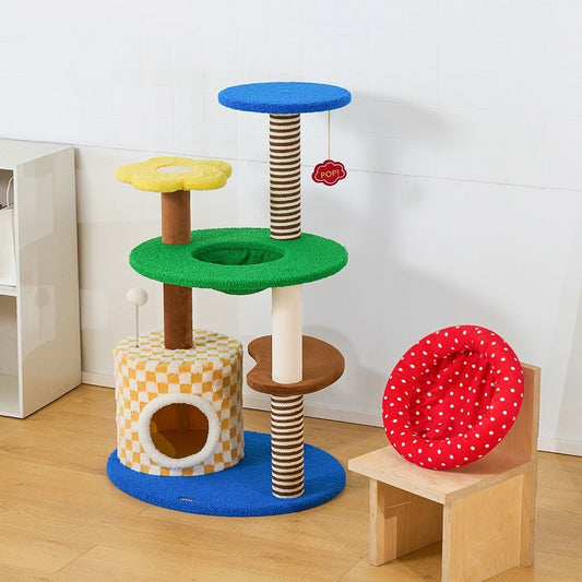 ZEZE Magic Garden cat tree with polka-dot top bed, flower step, ring lounge and checkered condo