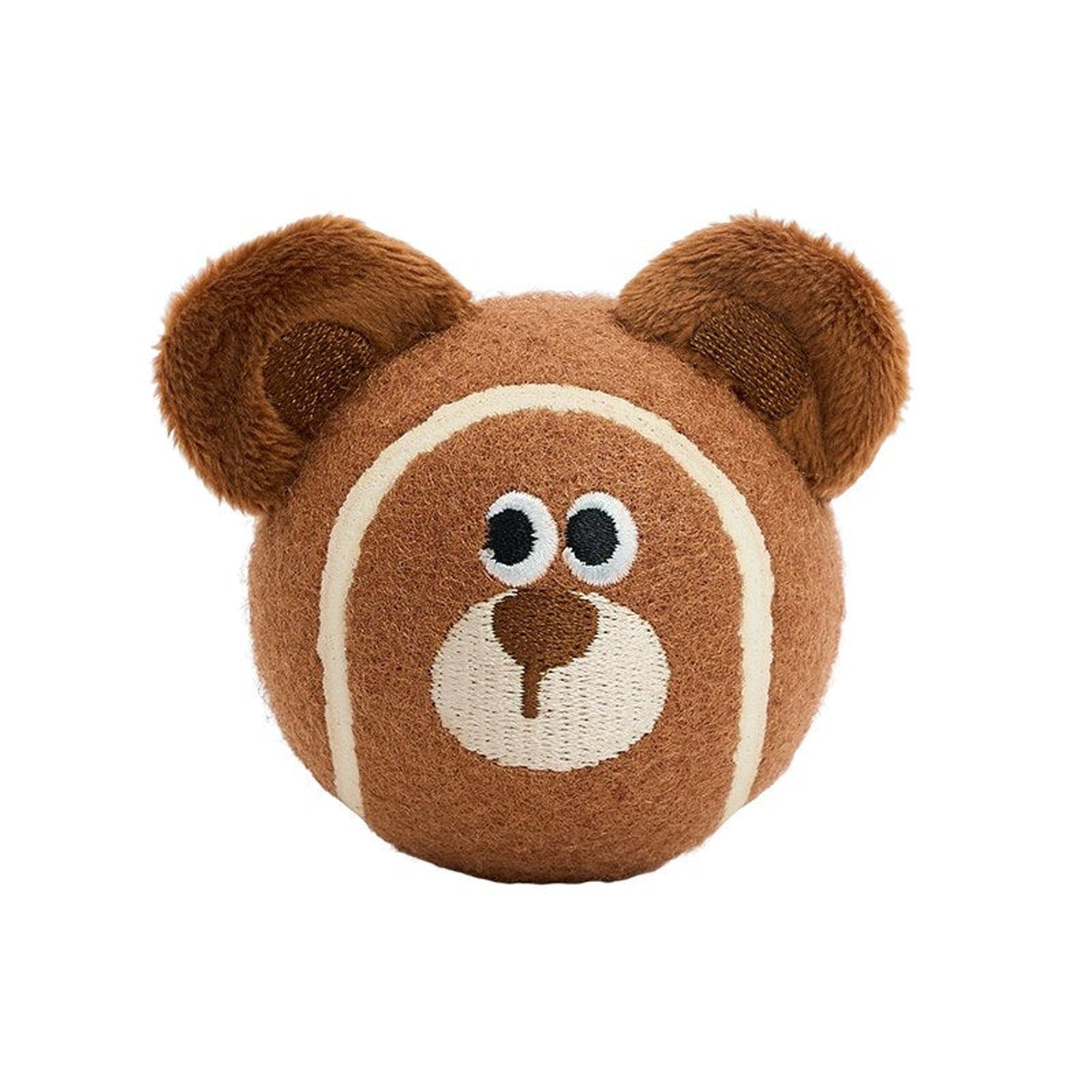 ZEZE Mocha the Bear plush tennis ball dog toy, front view on white