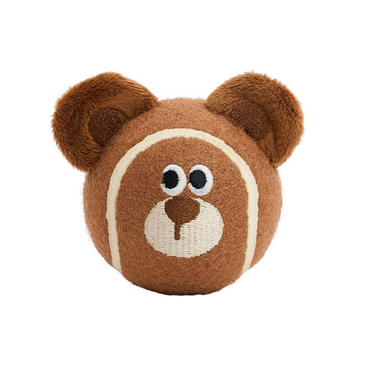 ZEZE Mocha the Bear plush tennis ball dog toy, front view on white