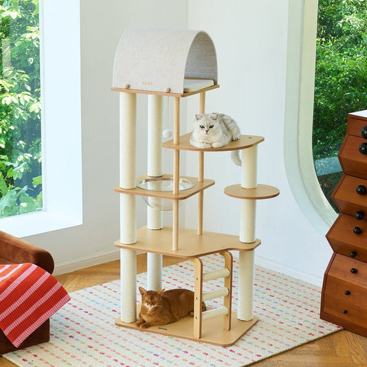 Two cats on the ZEZE 64.6-in modern wood cat tree in a bright living room