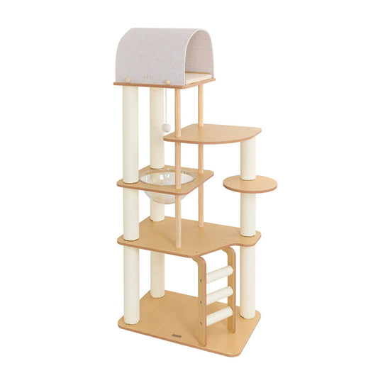 64.6-in modern wood cat tree with felt arch bed on white background