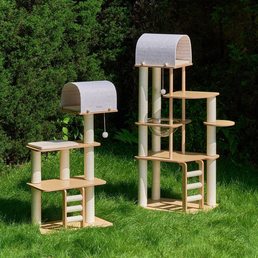 64.6-in tower next to the 49.2-in Modern Wood cat tree on a lawn