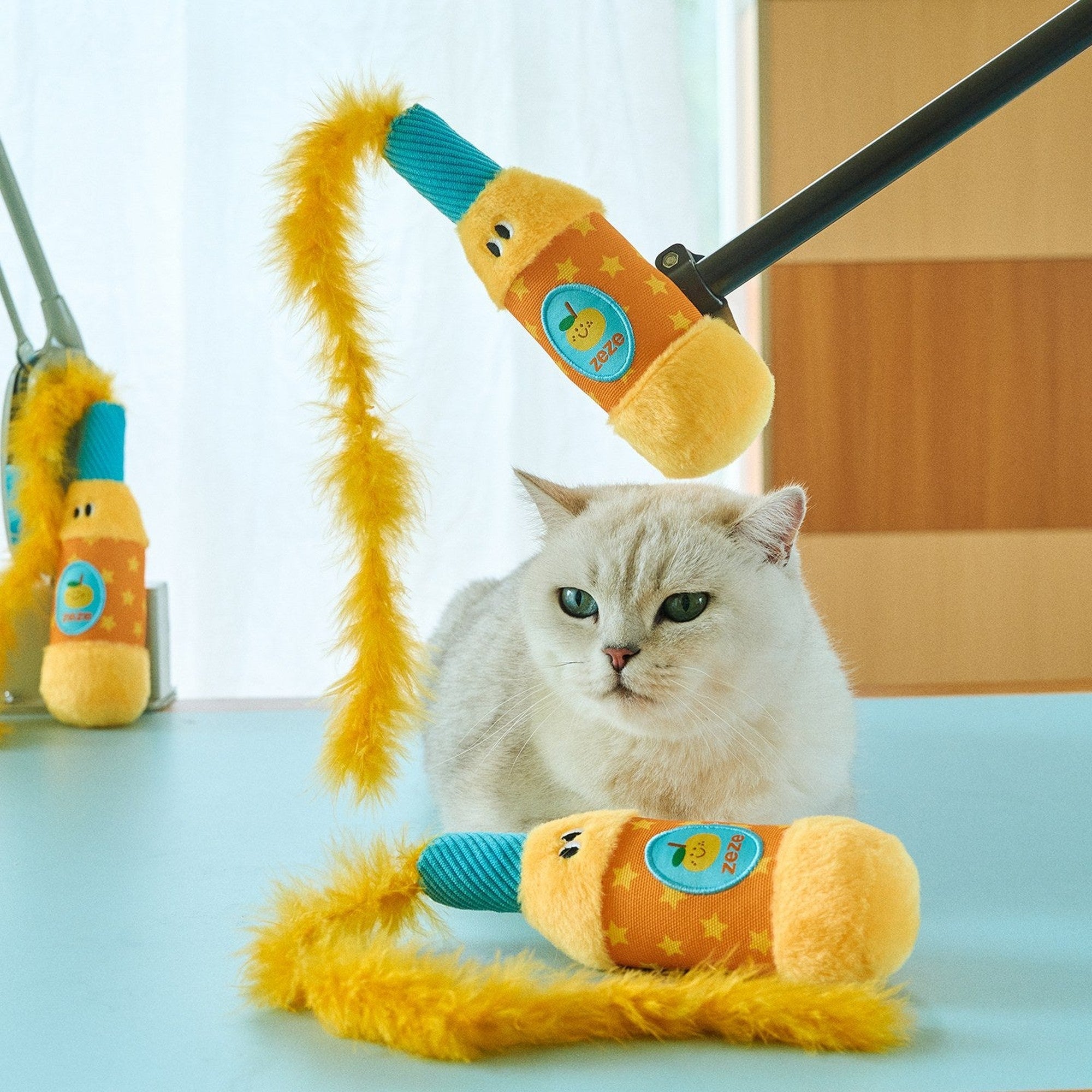 Cat watching the Orange Popper toy dangle from a wand