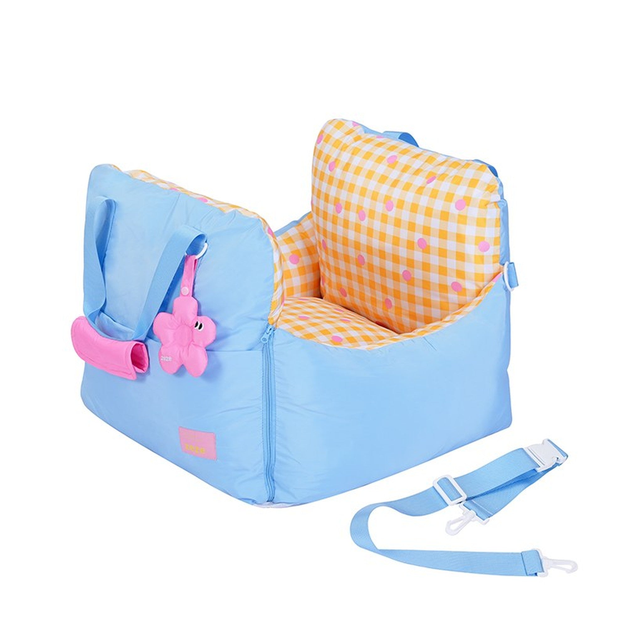 Polka Picnic car seat bed in sky blue with flower charm and strap