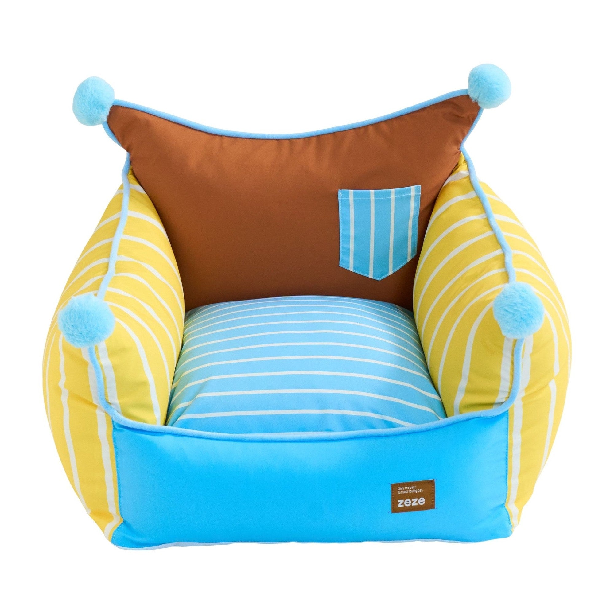 ZEZE Pompom Pet Sofa in Sunny Stripe, front view on white