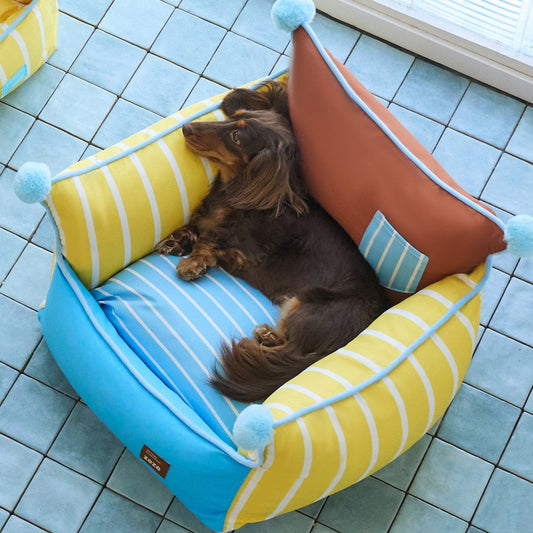 Top view of a dachshund lounging in the pompom pet sofa on a blue tile floor