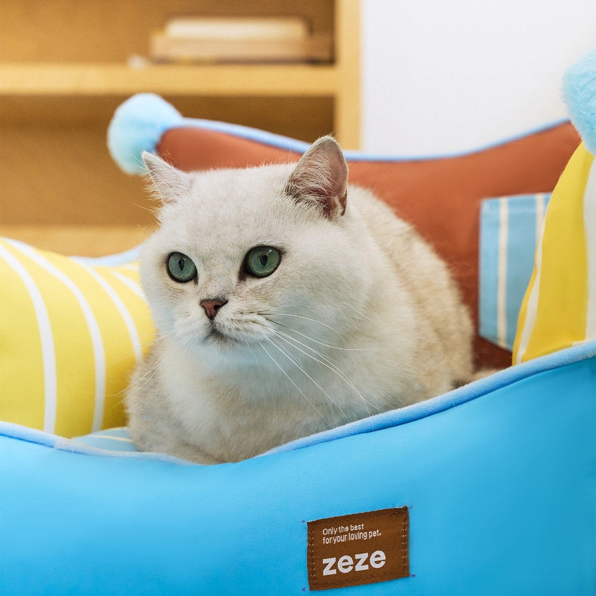 Cat sitting in the pompom pet sofa with zeze tag in view