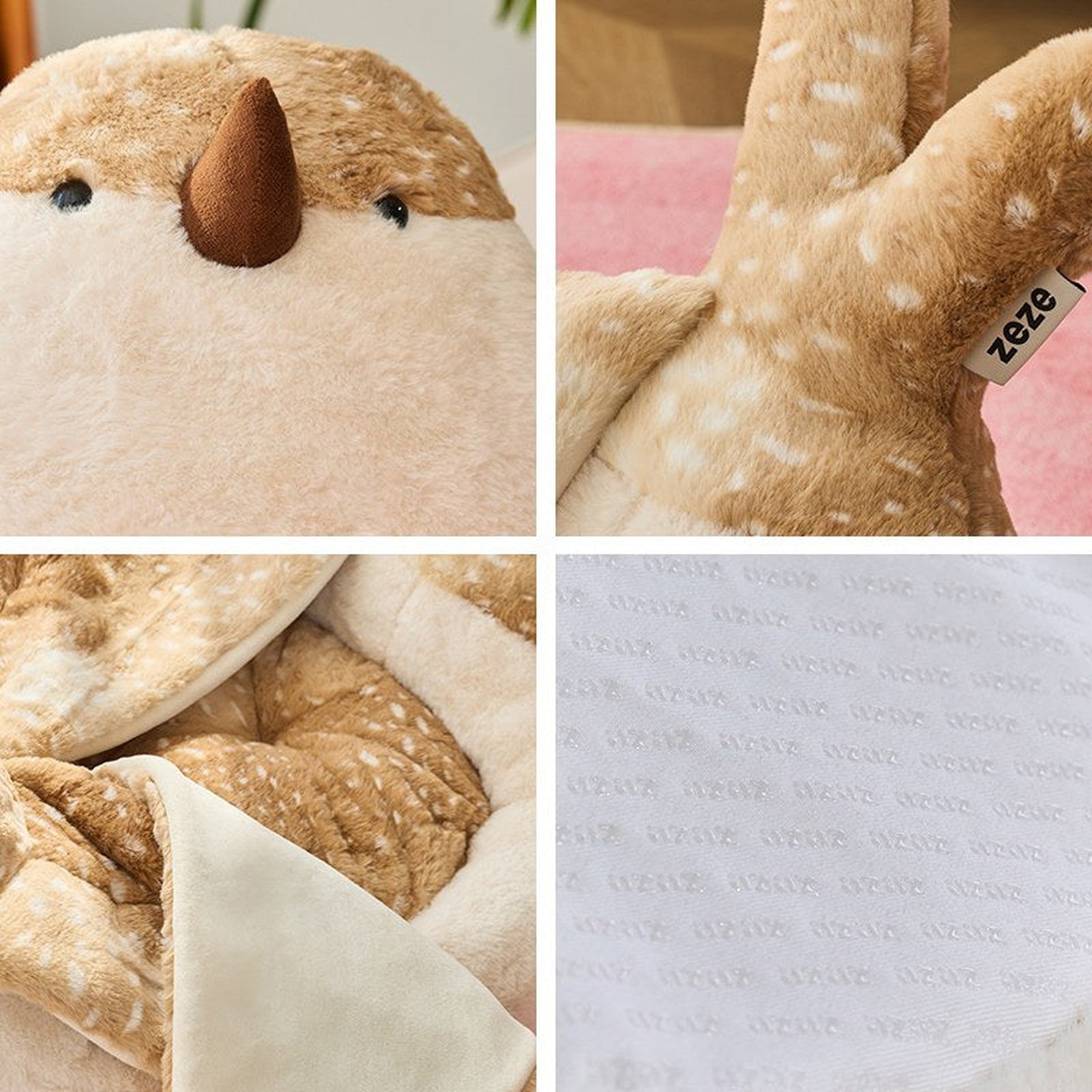 Detail views: beak, wing tag and plush texture