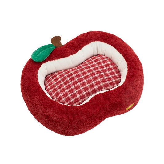 Red Apple Tart pet bed with red plaid cushion on white