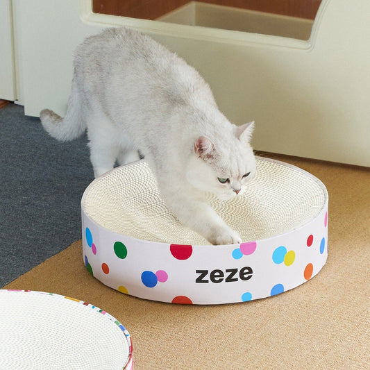 ZEZE Round Cat Scratcher Bowl - Rainbow Polka Dot