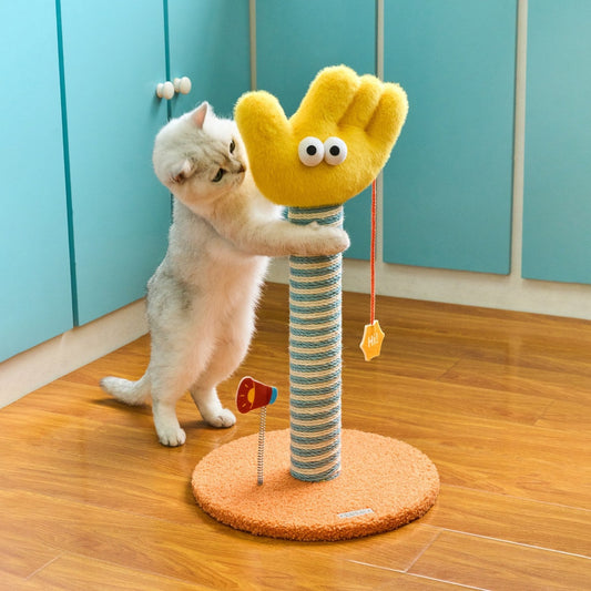 Cat hugging the ZEZE Say Hi waving hand cat scratching post