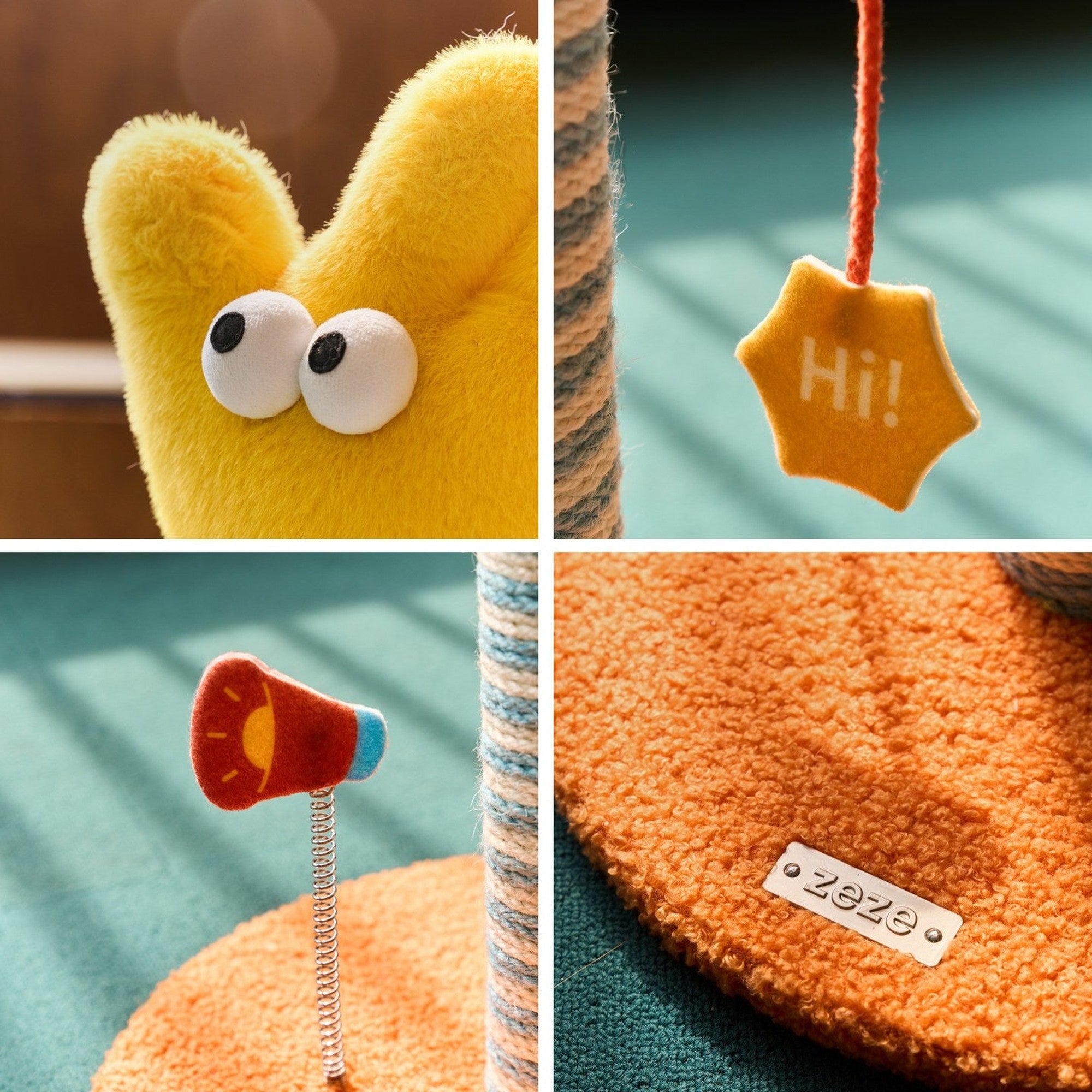 Detail views: googly eyes, Hi star, spring megaphone and zeze tag