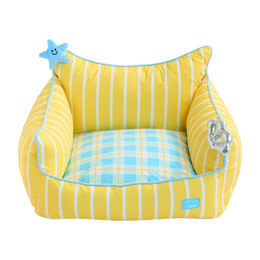 Seashell pet sofa in Lemon stripe, front view on white with starfish charm