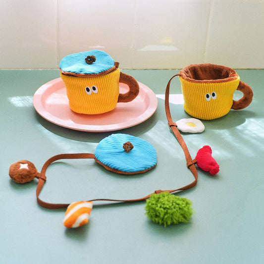 ZEZE Snack Cup cat toy set on a mint counter with plush snack charms