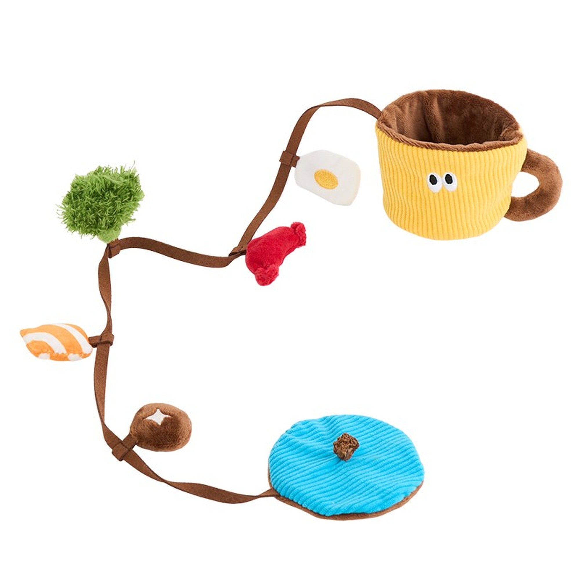 ZEZE Snack Cup cat toy with lid and snack cord laid out on white