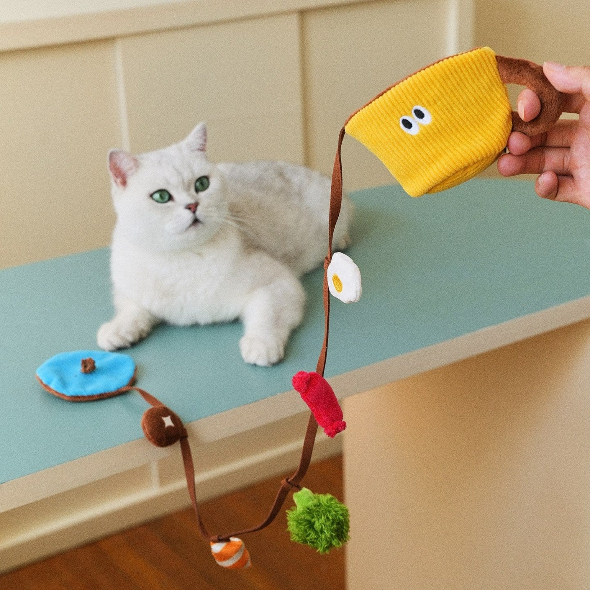 Cat watching the Snack Cup toy dangle on its cord