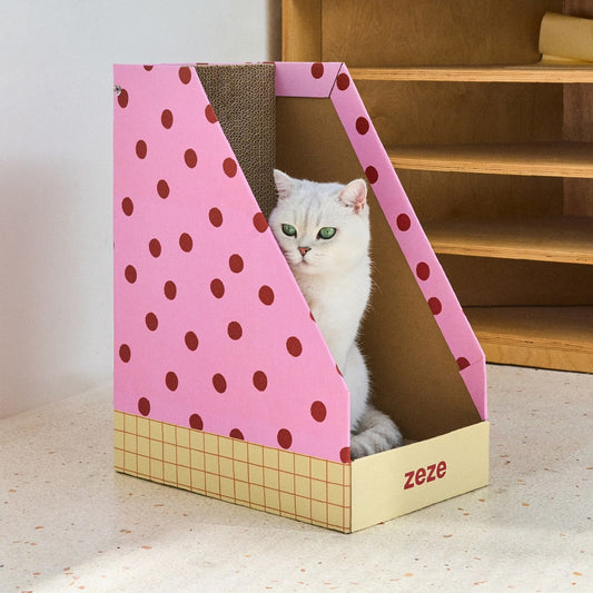 ZEZE Standing Cat Scratcher Box - Pink Polka Dot