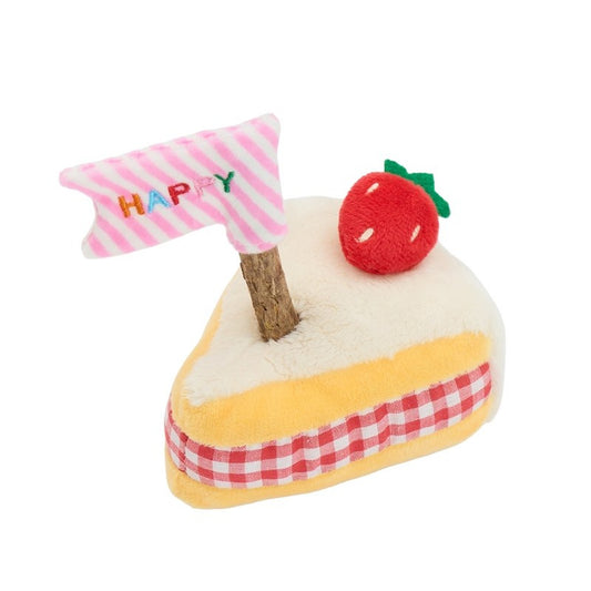 ZEZE Strawberry Cake cat toy with HAPPY flag on white background