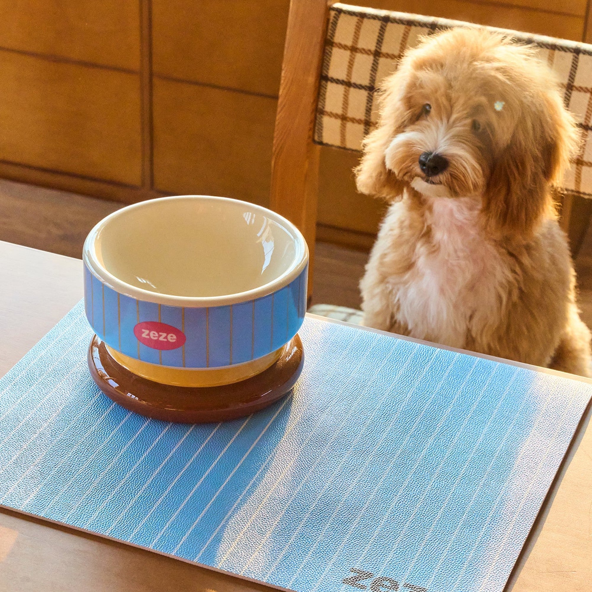 ZEZE Striped Pet Food Mat - Sea Salt Cream