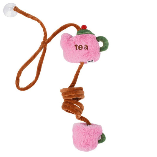 ZEZE Tea Time hanging cat toy in pink with suction cup and cord on white background