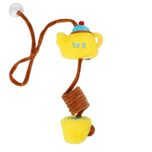ZEZE Tea Time hanging cat toy in yellow with suction cup and cord on white background