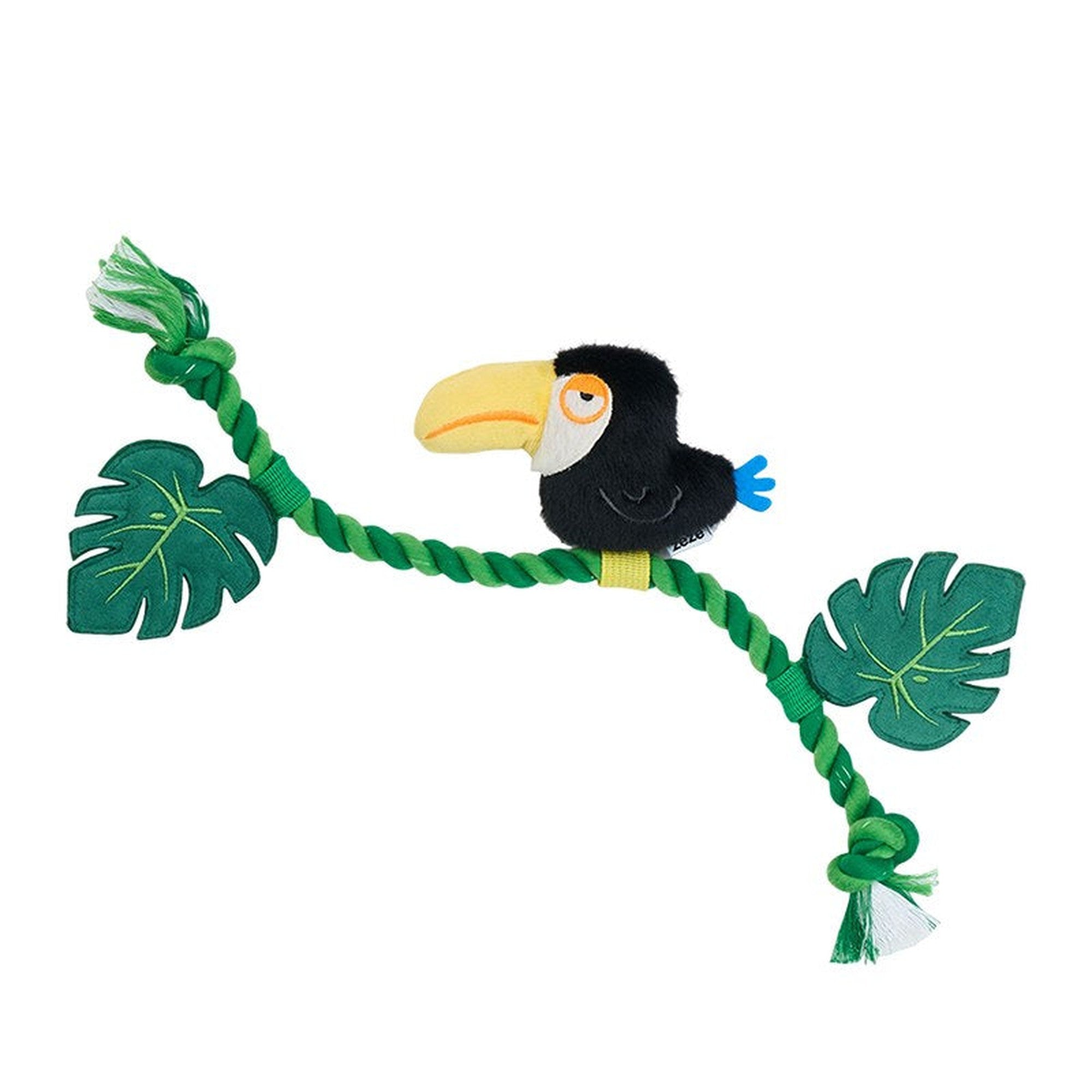 ZEZE Tuco the Toucan rope tug dog toy laid out on white