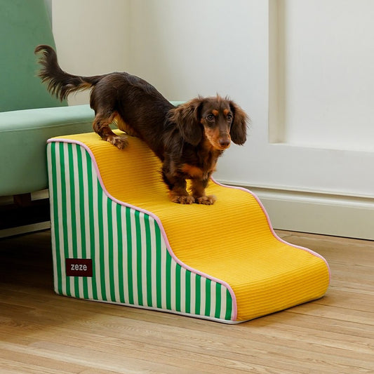 ZEZE Wave Pet Stairs - 3-Step, Green Stripe & Mango