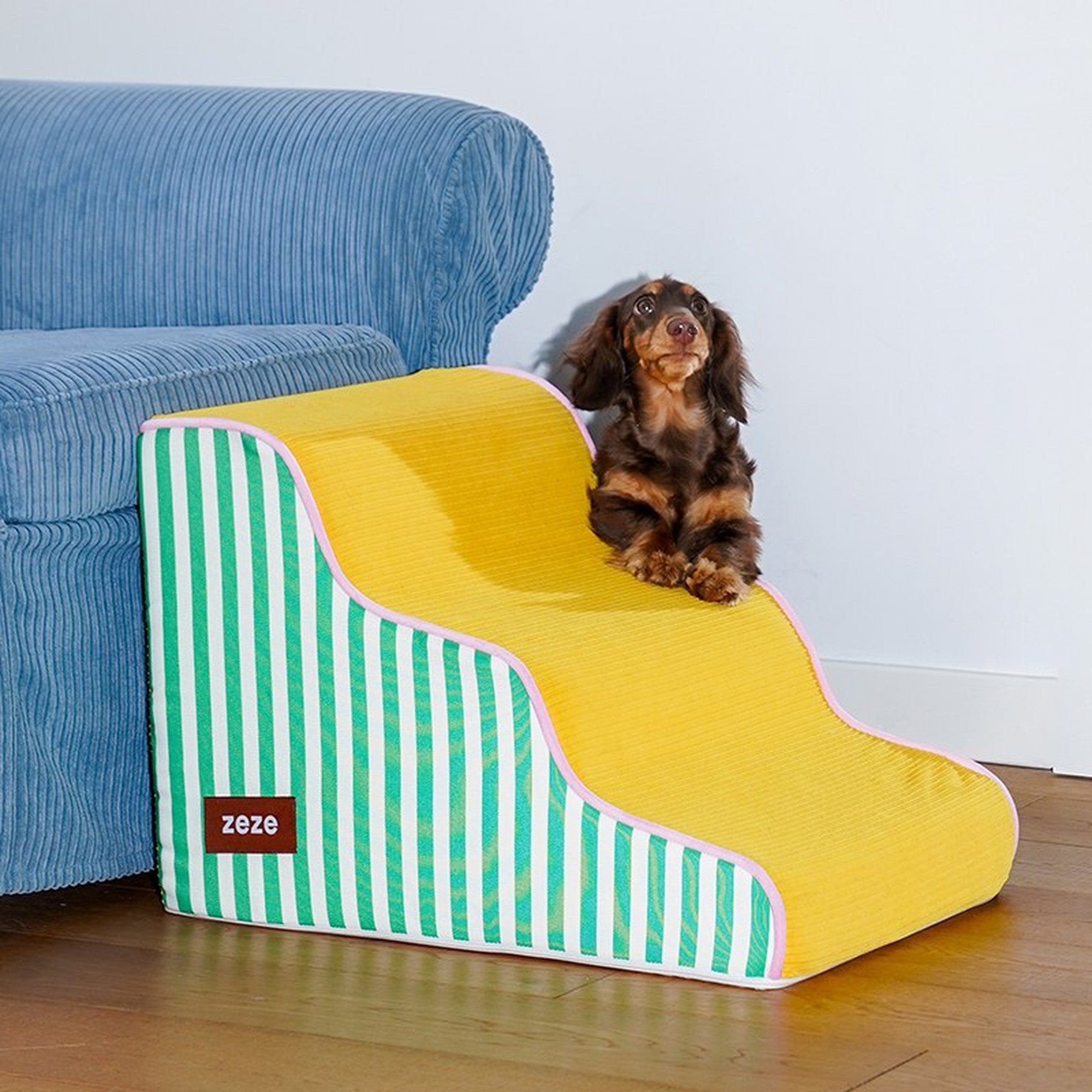 ZEZE Wave Pet Stairs - 3-Step, Green Stripe & Mango